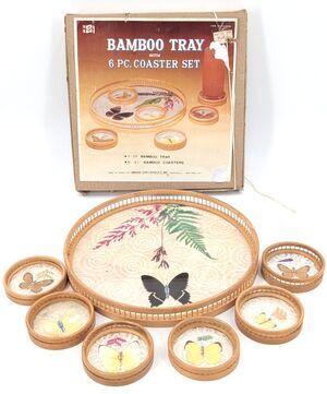 Himark Bamboo Tray Coaster Set Acrylic Pressed Butterfly Flowers 7 Pc Vintage